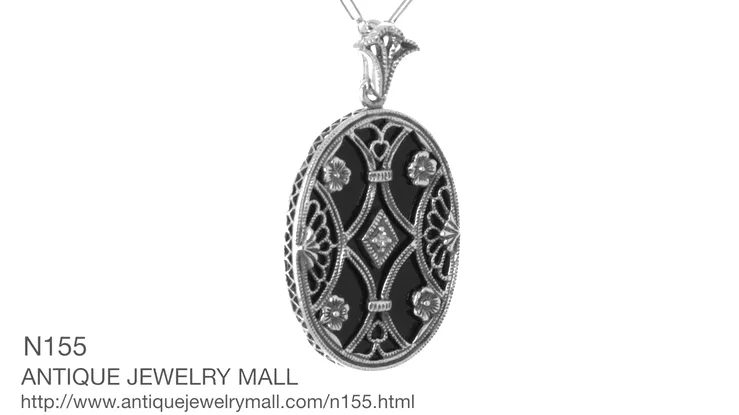 Art Deco Filigree Flowers and Scrolls Black Onyx and Diamond Vintage Filigree Pendant in Sterling Silver