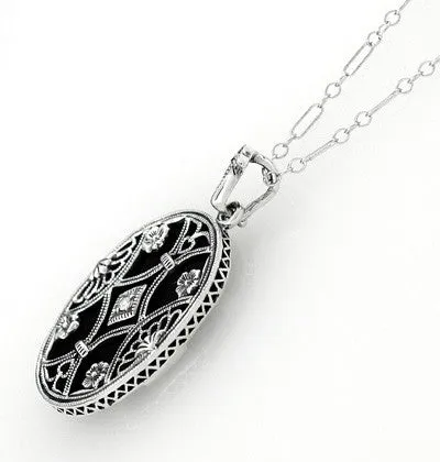 Art Deco Filigree Flowers and Scrolls Black Onyx and Diamond Vintage Filigree Pendant in Sterling Silver