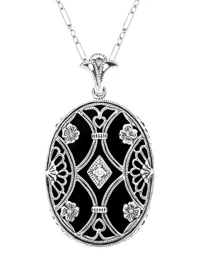 Art Deco Filigree Flowers and Scrolls Black Onyx and Diamond Vintage Filigree Pendant in Sterling Silver