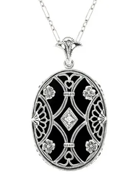 Art Deco Filigree Flowers and Scrolls Black Onyx and Diamond Vintage Filigree Pendant in Sterling Silver