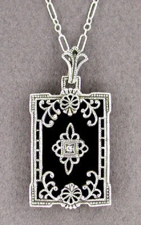 Art Deco Filigree Onyx and Diamond Rectangular Pendant Necklace in 14 Karat White Gold