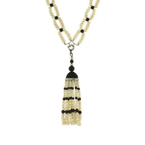 Art Deco Platinum, Natural Pearl & Enamel Bead Necklace w/ Tassel