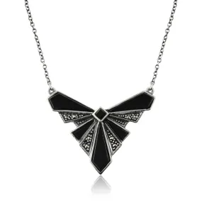 Art Deco Stil Schwarzer Onyx & Markasit Halskette in 925 Sterling Silber