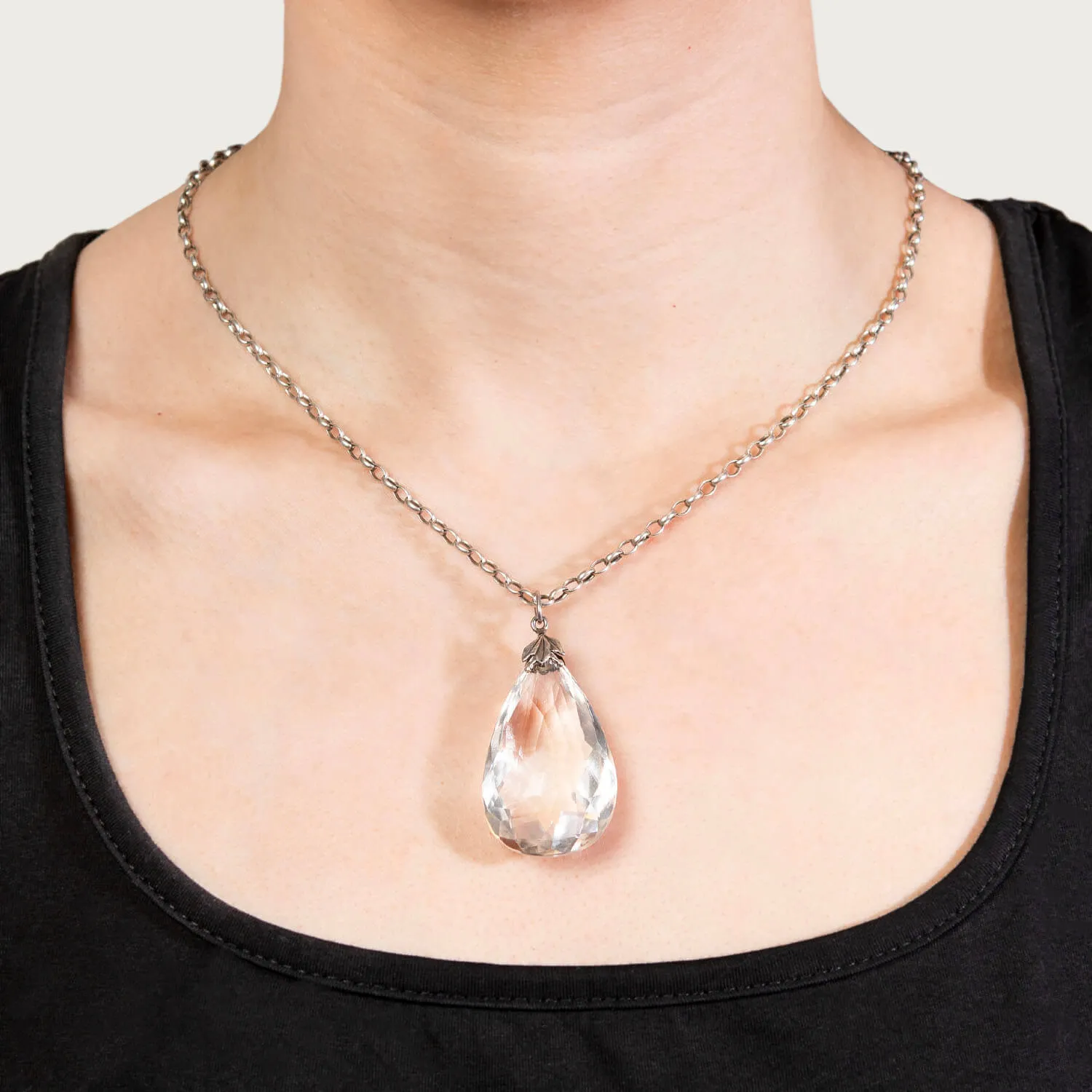 Arts and Crafts Sterling Silver and Rock Quartz Crystal Teardrop Pear Pendant Necklace