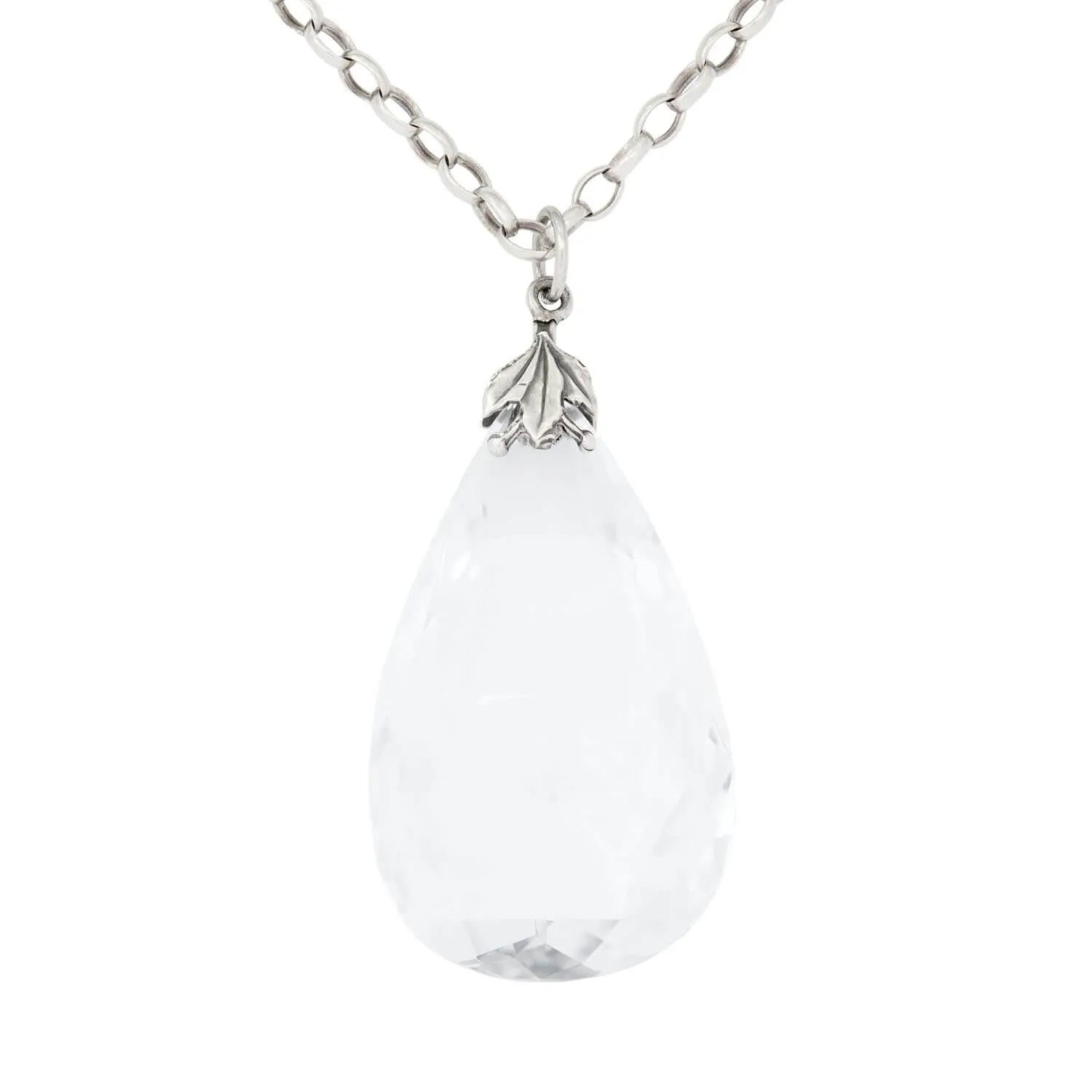 Arts and Crafts Sterling Silver and Rock Quartz Crystal Teardrop Pear Pendant Necklace