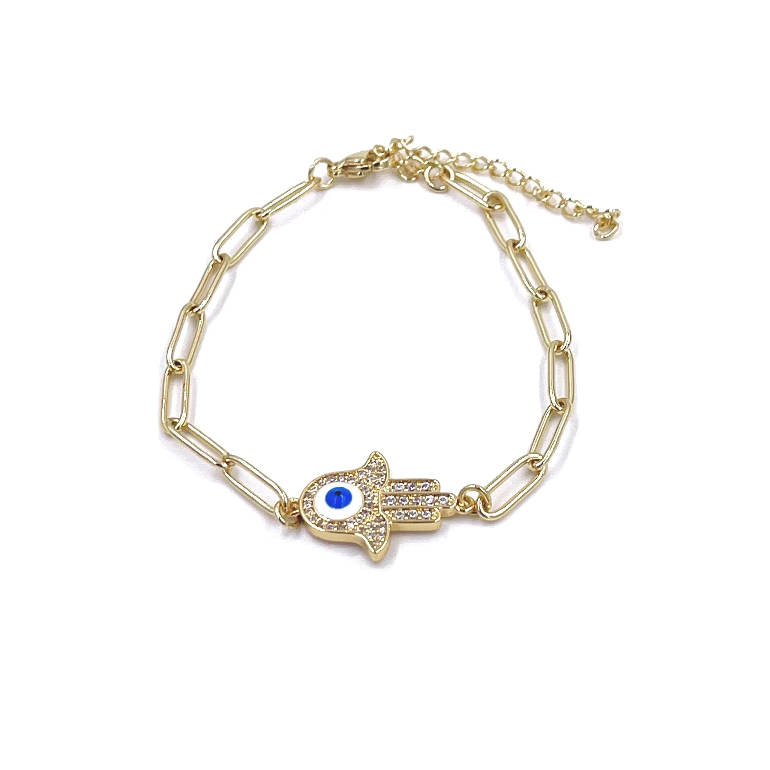 Ashley Gold Stainless Steel Gold Plated CZ Hamsa Link Bracelet