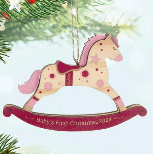 Baby Girl's First Christmas Rocking Horse 2024 Wood Ornament