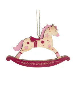 Baby Girl's First Christmas Rocking Horse 2024 Wood Ornament