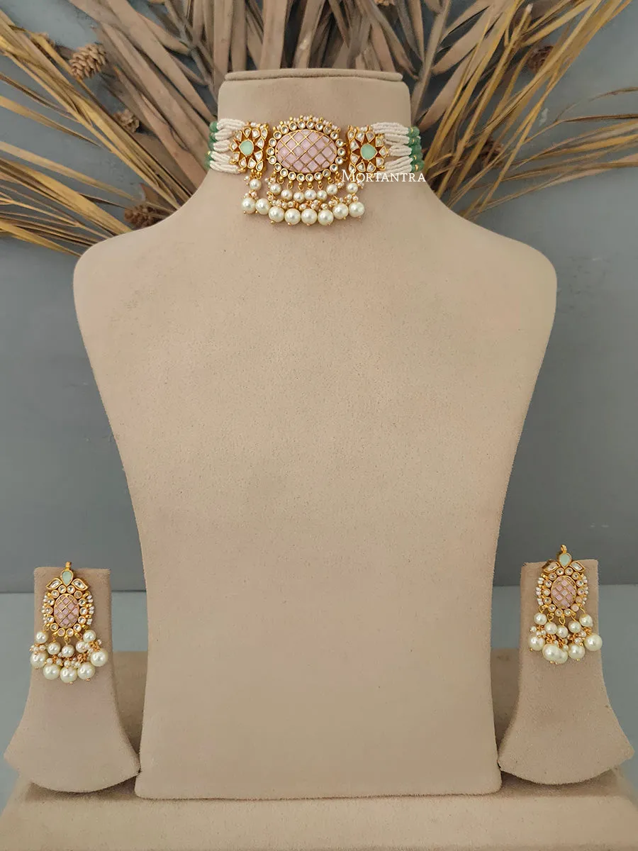 Baby Pink Color Gold Plated Jadau Kundan Necklace Set - MS1398LP