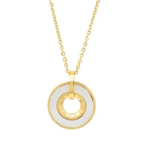 Beautiful Circle With Mother Of Pearl & Roman Numerals Design Gold Tone Steel Necklace