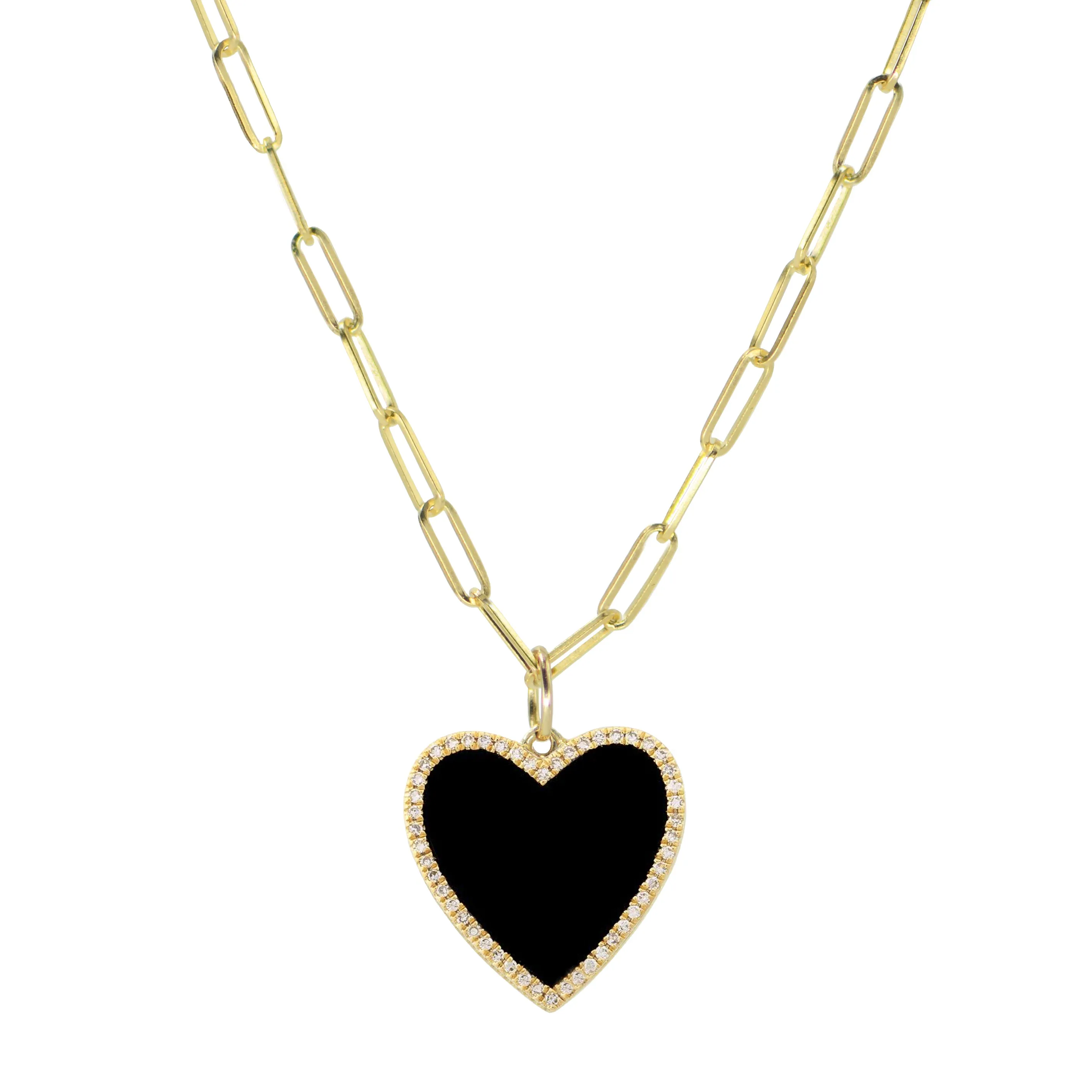 Black Onyx Heart Necklace With Diamonds - Large