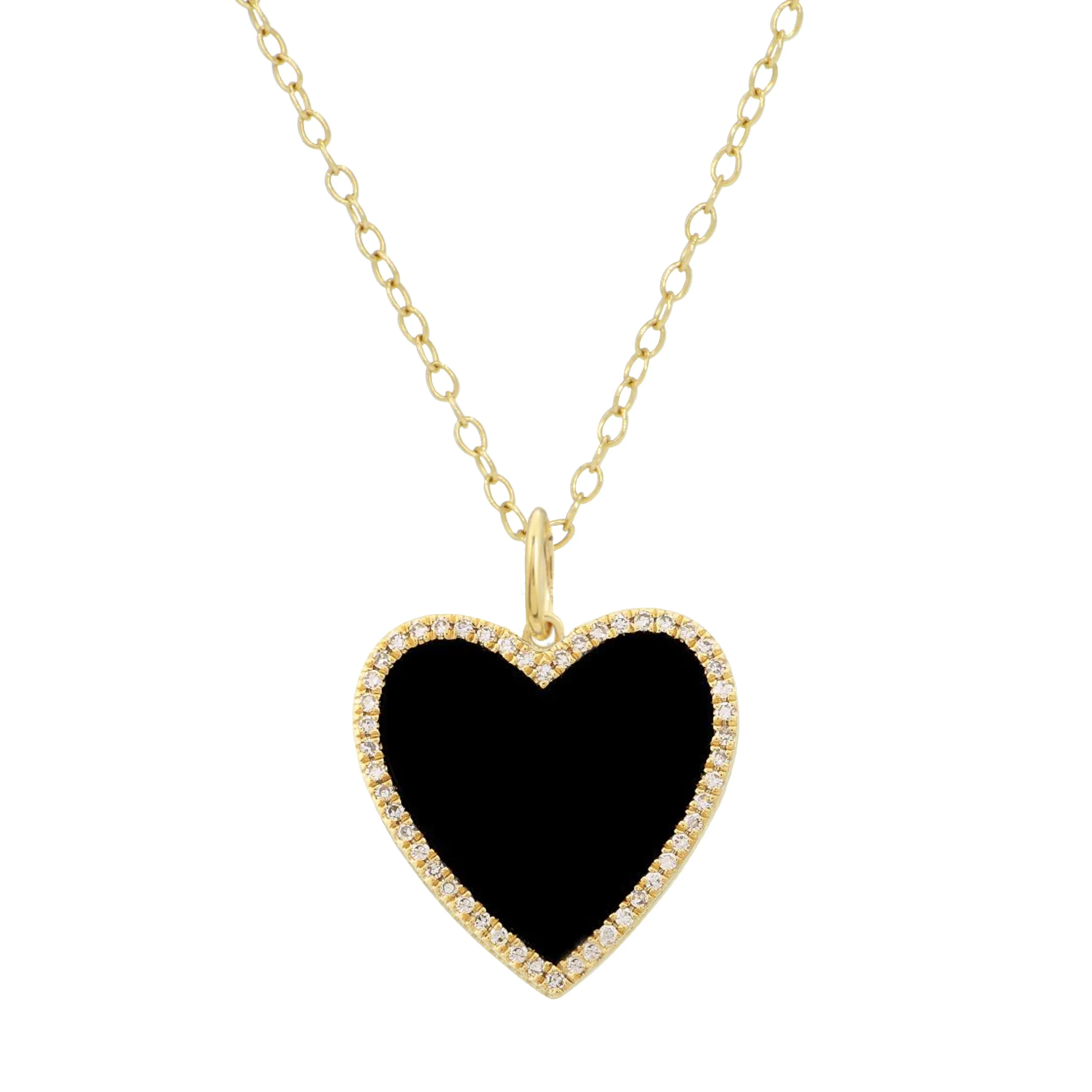 Black Onyx Heart Necklace With Diamonds - Large