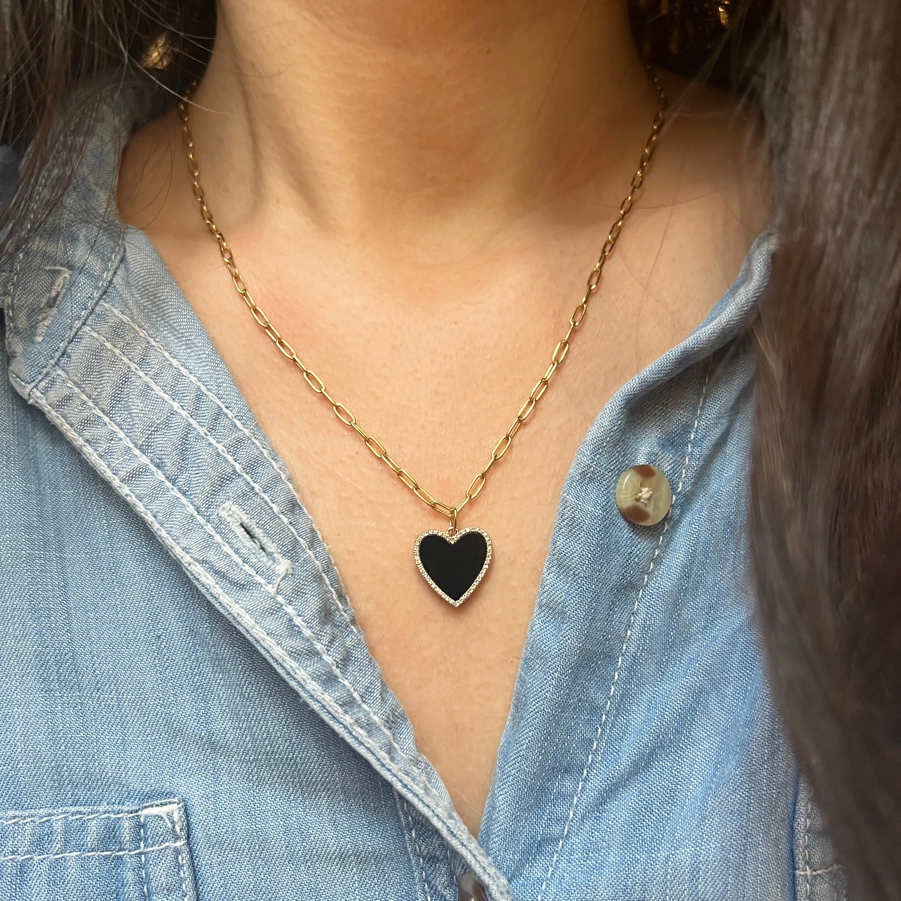 Black Onyx Heart Necklace With Diamonds - Large