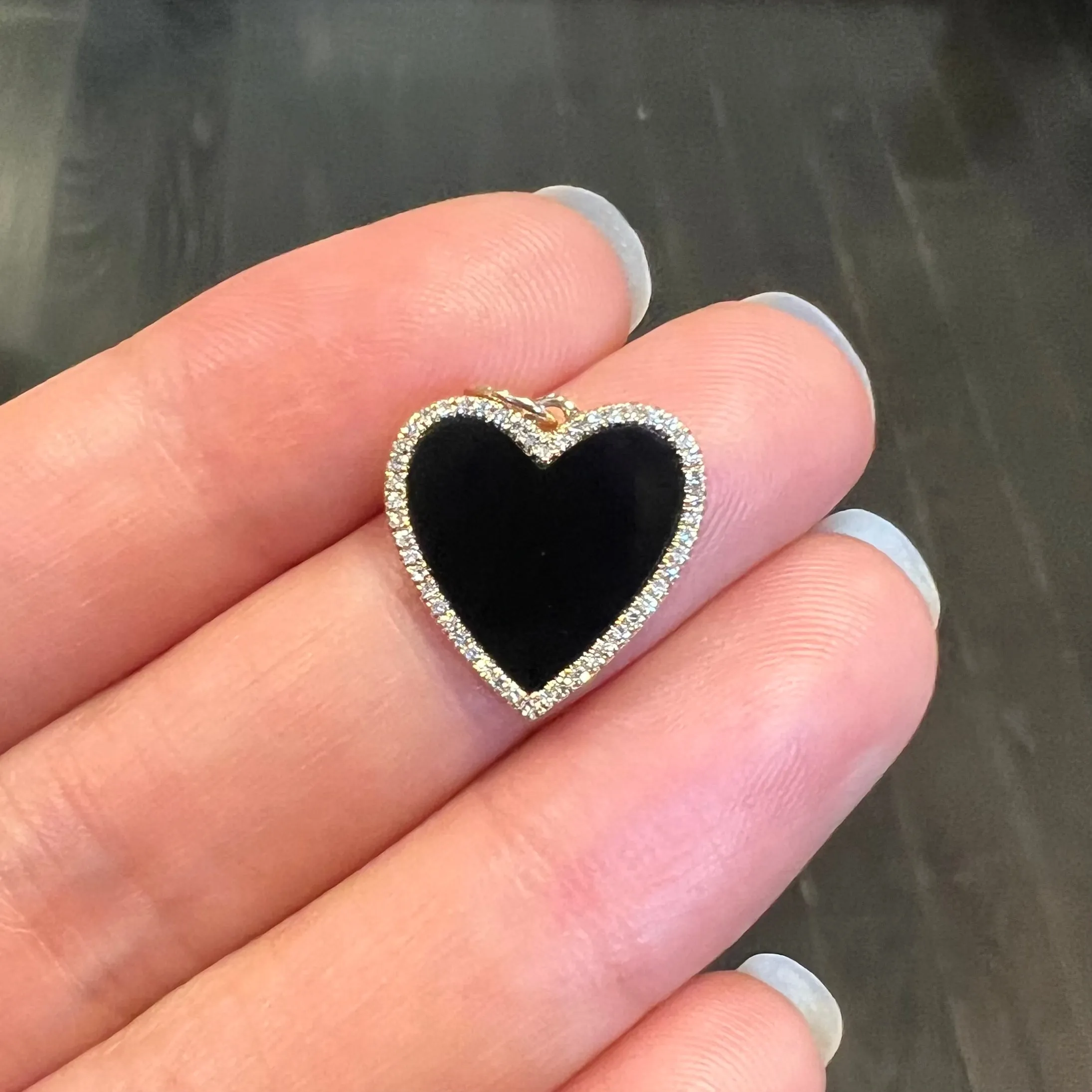 Black Onyx Heart Necklace With Diamonds - Large