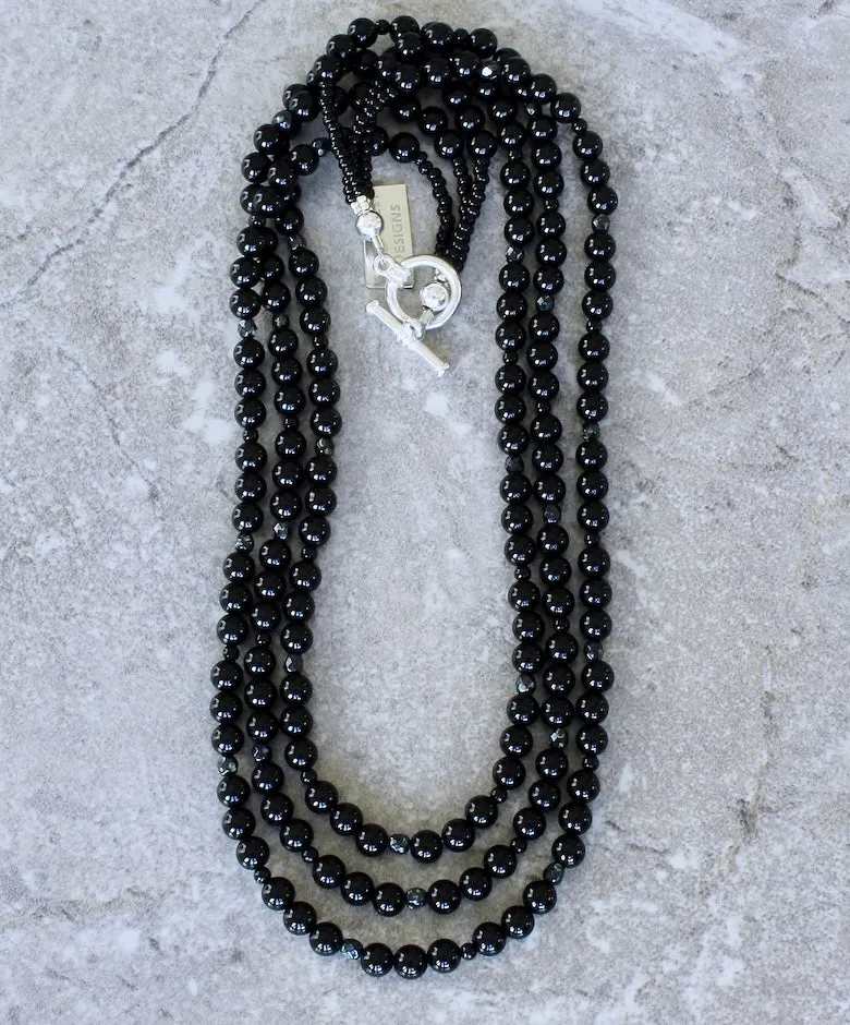 Black Onyx Rounds 3-Strand Necklace with Czech Glass and a Sterling Silver Toggle Clasp