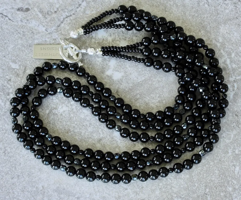 Black Onyx Rounds 3-Strand Necklace with Czech Glass and a Sterling Silver Toggle Clasp