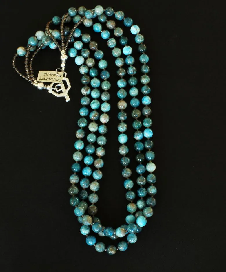 Blue Apatite Rounds 3-Strand Necklace with Smoky Quartz Rounds and a Sterling Silver Toggle Clasp