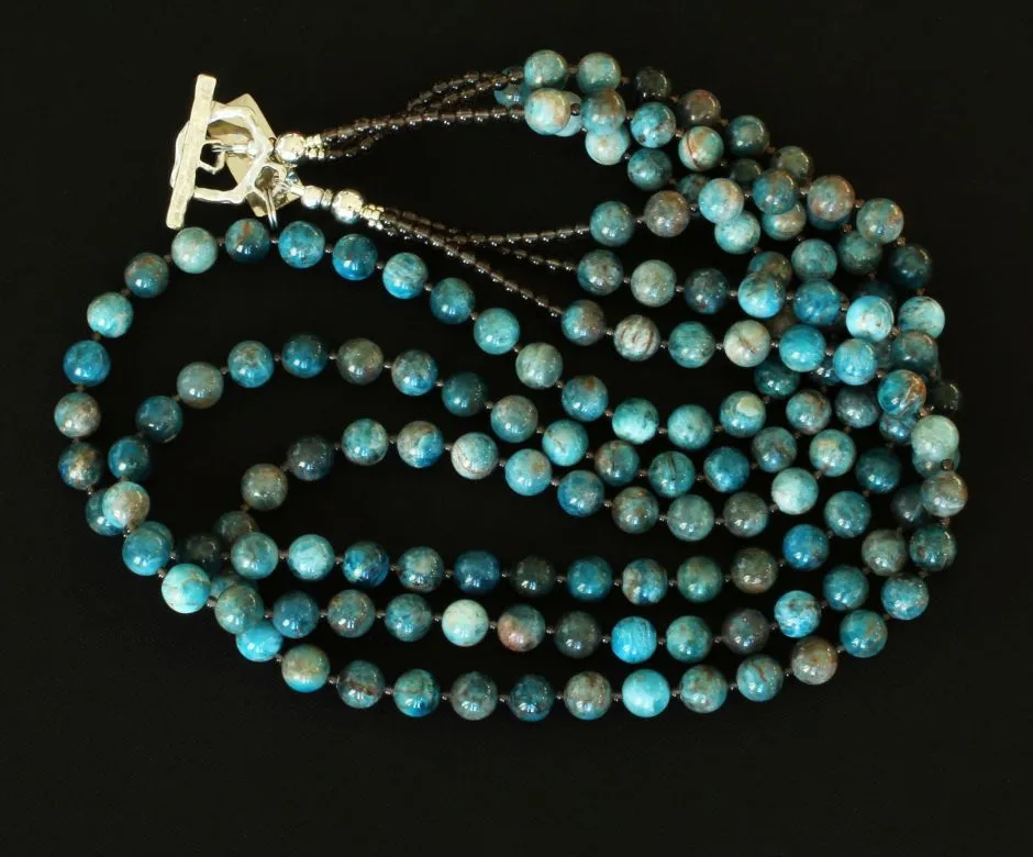 Blue Apatite Rounds 3-Strand Necklace with Smoky Quartz Rounds and a Sterling Silver Toggle Clasp