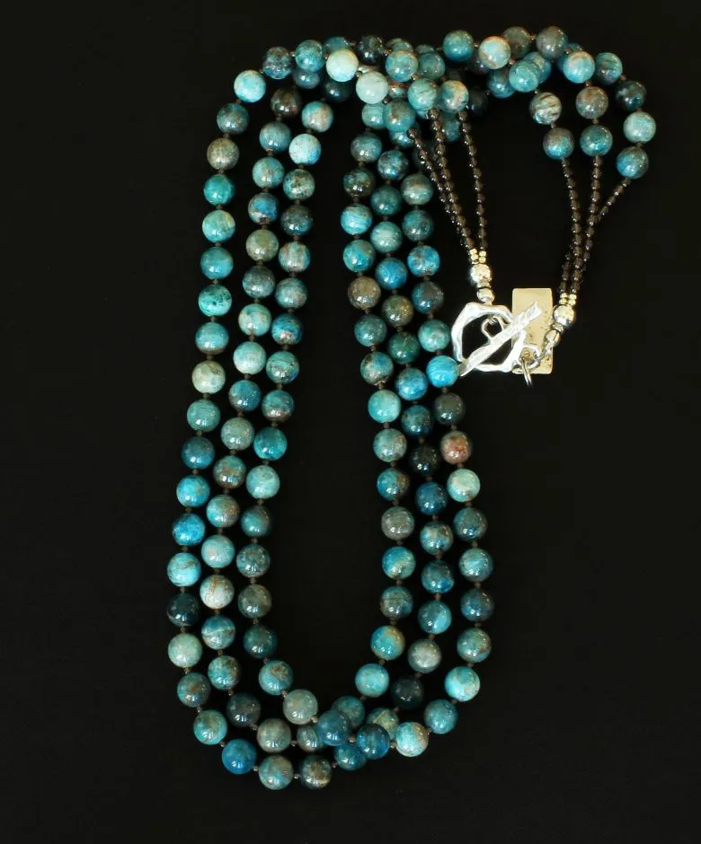 Blue Apatite Rounds 3-Strand Necklace with Smoky Quartz Rounds and a Sterling Silver Toggle Clasp