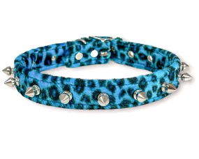 Blue fuzzy Leopard Fabric Collar w/ Silver Spikes