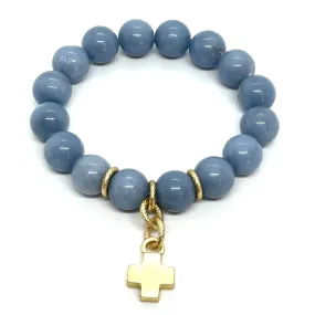 Blue Jade Stretch Bracelet With Matte Gold Cross