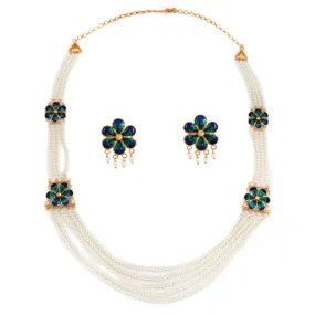 Blue Mina Flower Beaded Chatai Necklace Set