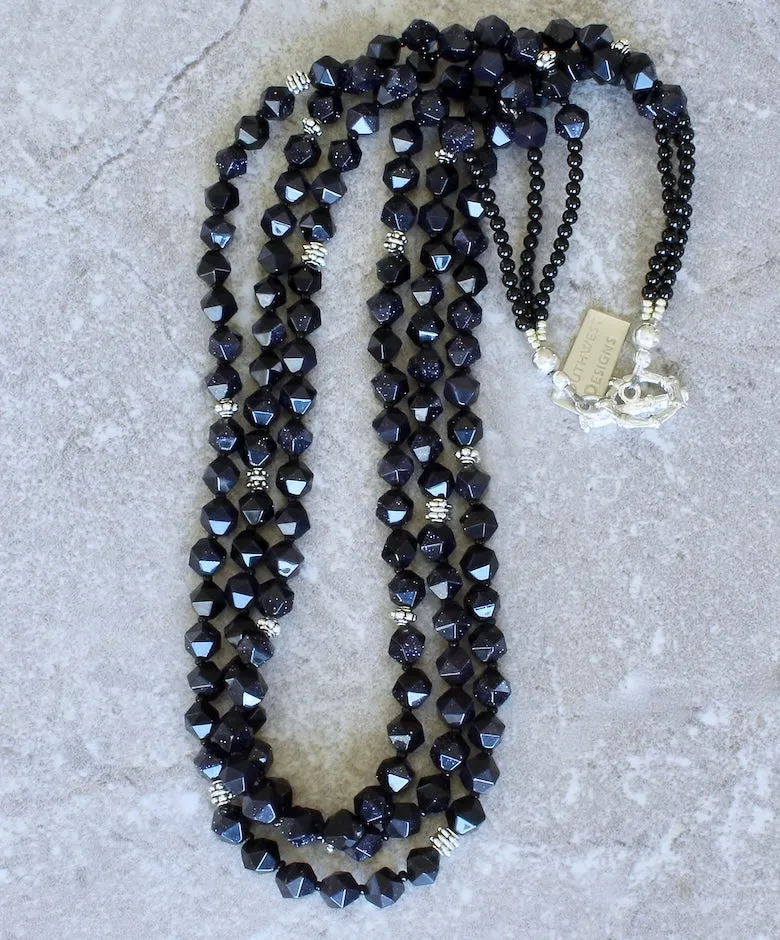 Blue Sandstone Faceted Rounds 3-Strand Necklace with Sterling Silver Beads, Onyx Rounds, and a Sterling Silver Toggle Clasp