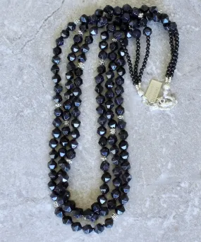 Blue Sandstone Faceted Rounds 3-Strand Necklace with Sterling Silver Beads, Onyx Rounds, and a Sterling Silver Toggle Clasp