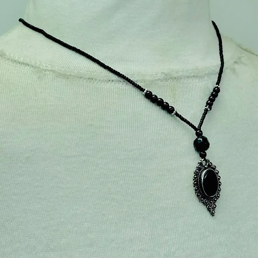 Bohemian Black Onyx-Style Pendant Necklace