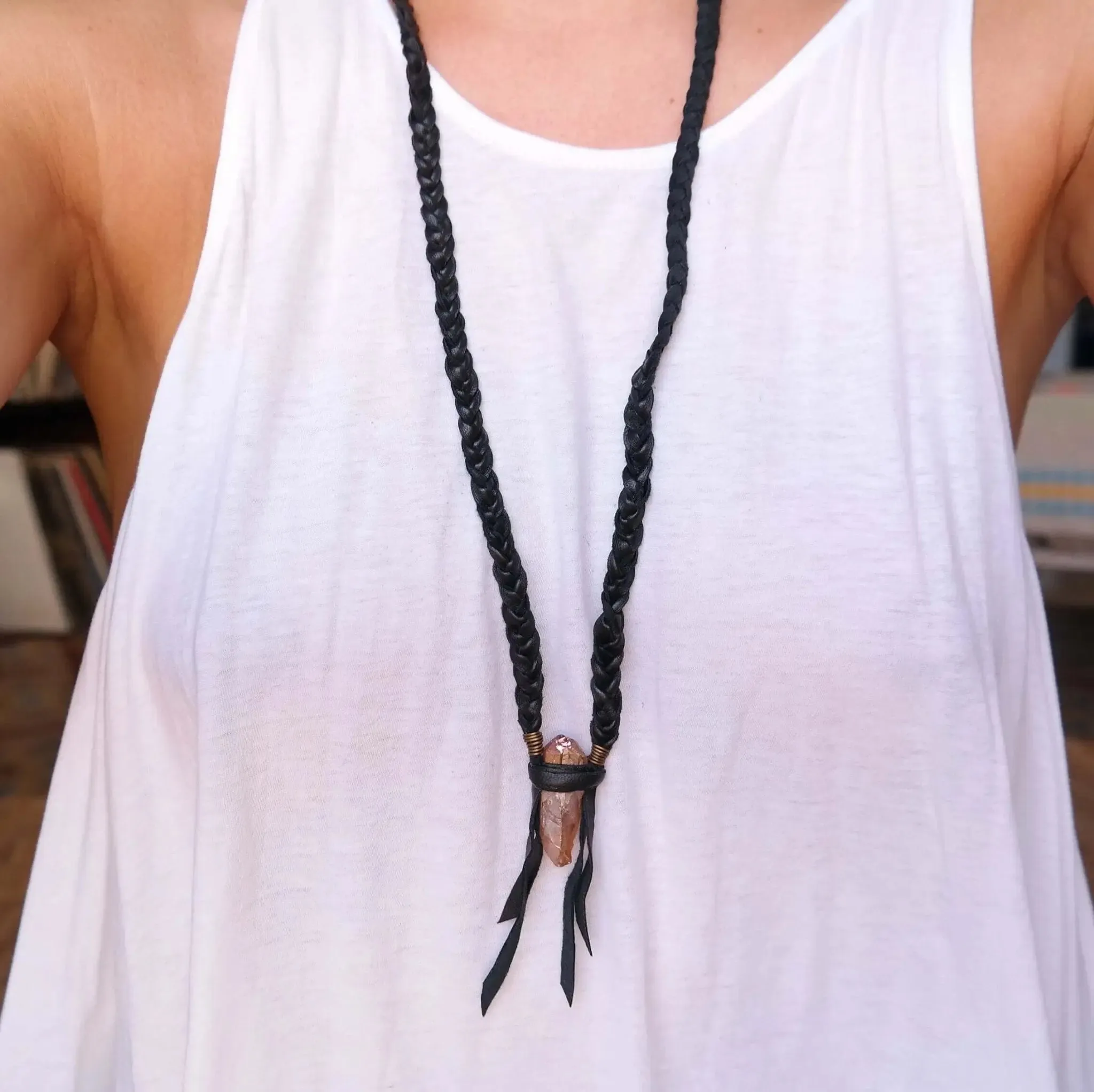 Boho Black Leather Necklace with Sun Aura Quartz - Tangerine Dream Necklace