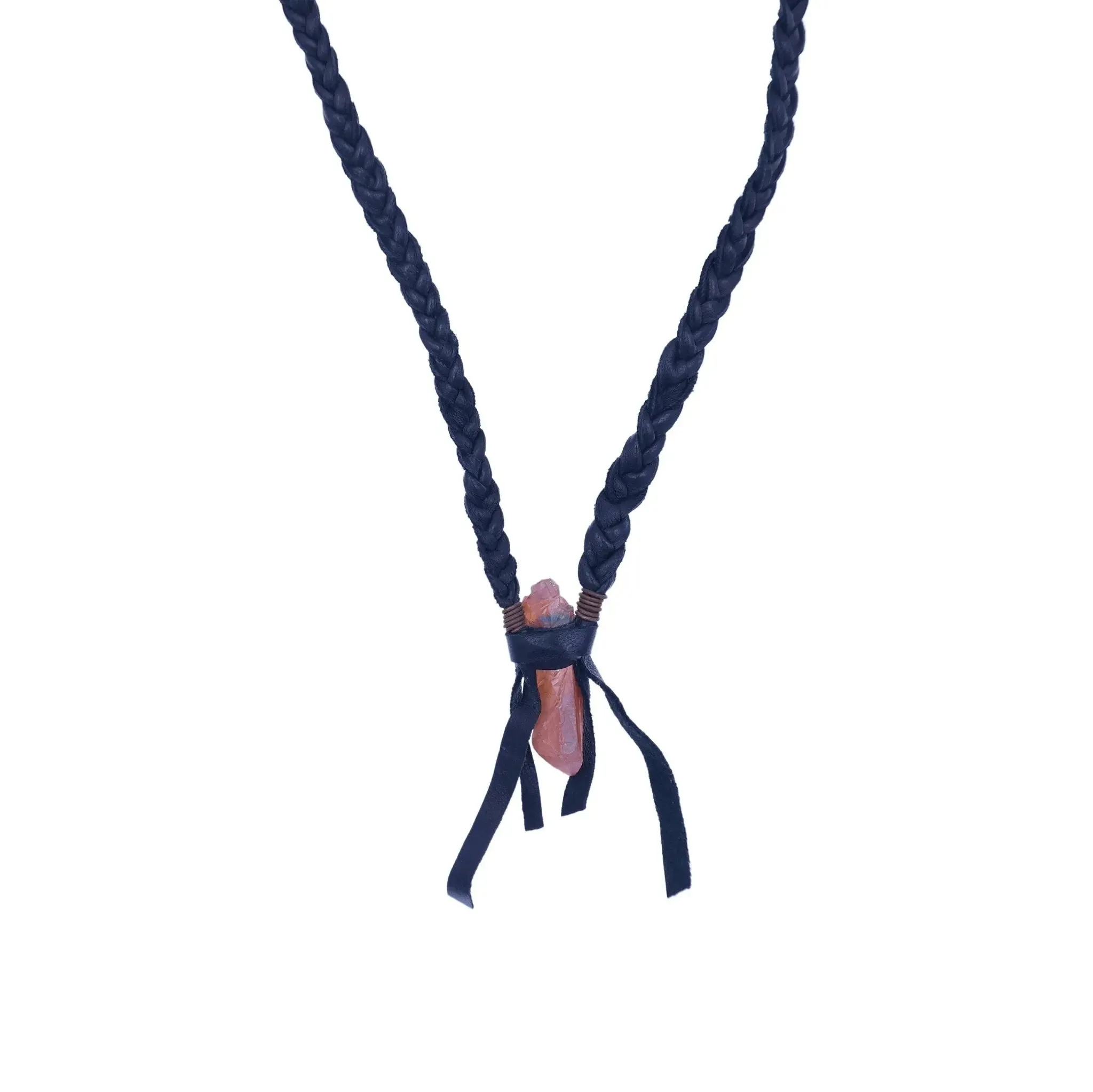 Boho Black Leather Necklace with Sun Aura Quartz - Tangerine Dream Necklace