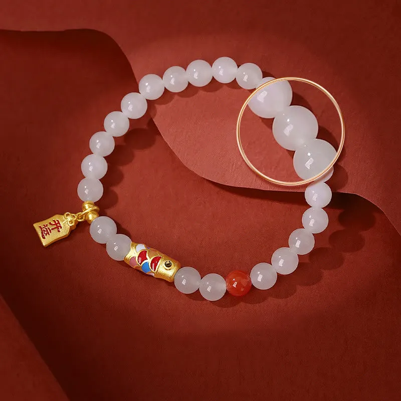 Buddha Stones 925 Sterling Silver Hetian White Jade Red Agate Koi Fish Luck Happiness Bracelet