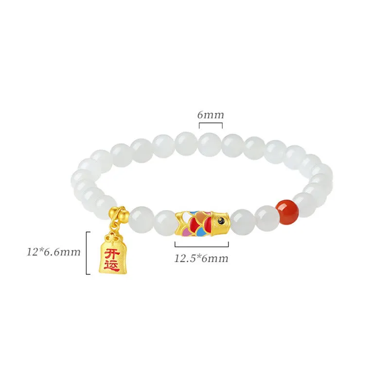 Buddha Stones 925 Sterling Silver Hetian White Jade Red Agate Koi Fish Luck Happiness Bracelet