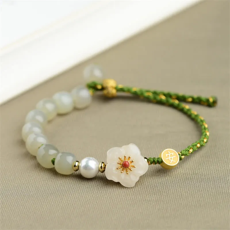 Buddha Stones 925 Sterling Silver Natural Hetian Jade Peach Blossom Luck Bracelet