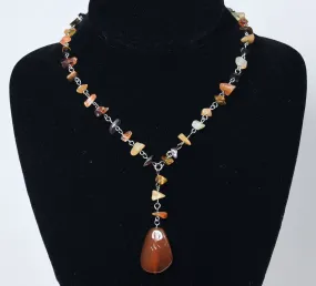 Carnelian Pendant on Silver Chain Stone Chip Bead Station Necklace