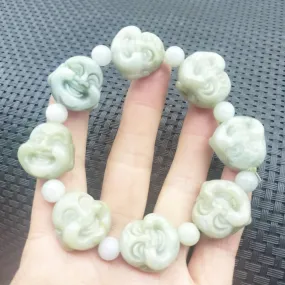 Certified Light Green Natural A Jadeite Carved Buddha Bead Stretchy Bracelet