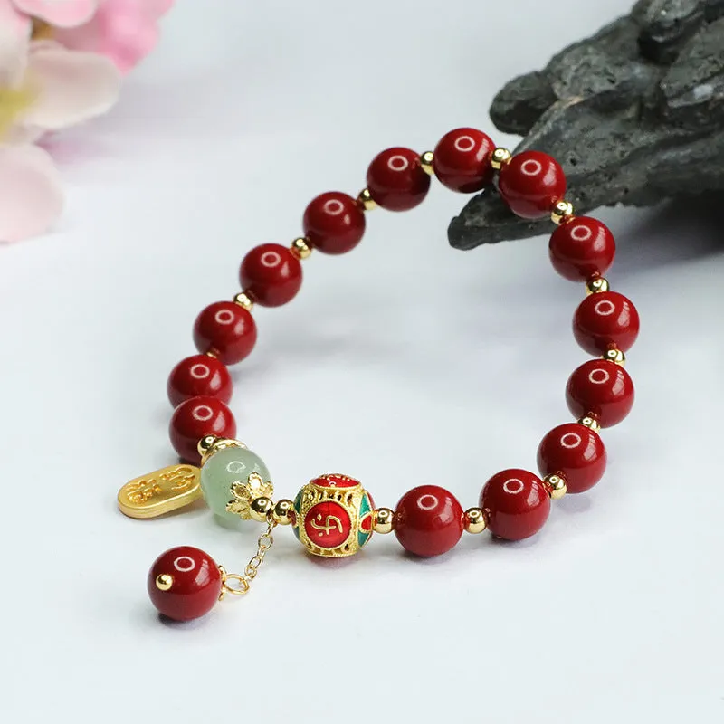 China-Chic Cinnabar and Jade Bracelet for a Joyful Handstring