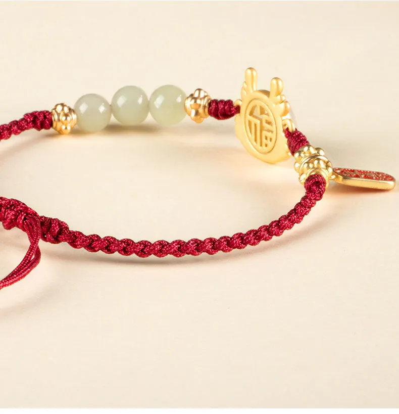 Chinese Zodiac Dragon Red Rope Bracelet with Sterling Silver and Jade