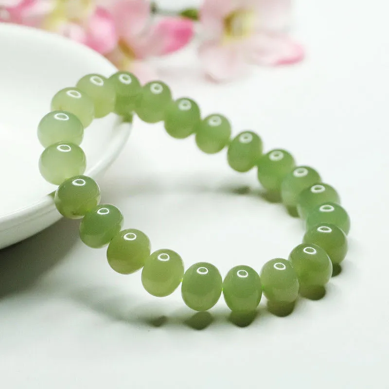 Clear Water Hetian Jade Bead Bracelet with Sterling Silver Needle