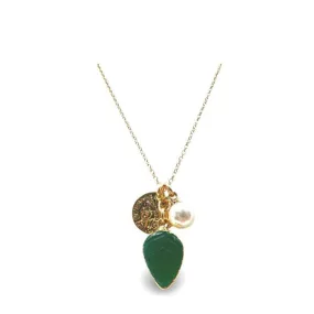 Cluster Necklace: Green Onyx Leaf, Pearl and Coin (NGCL734GO)