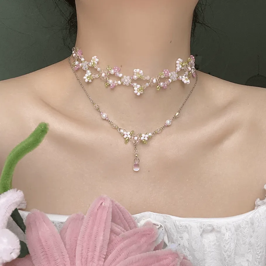 Crystal Floral Seed Beaded Chain Choker Necklace