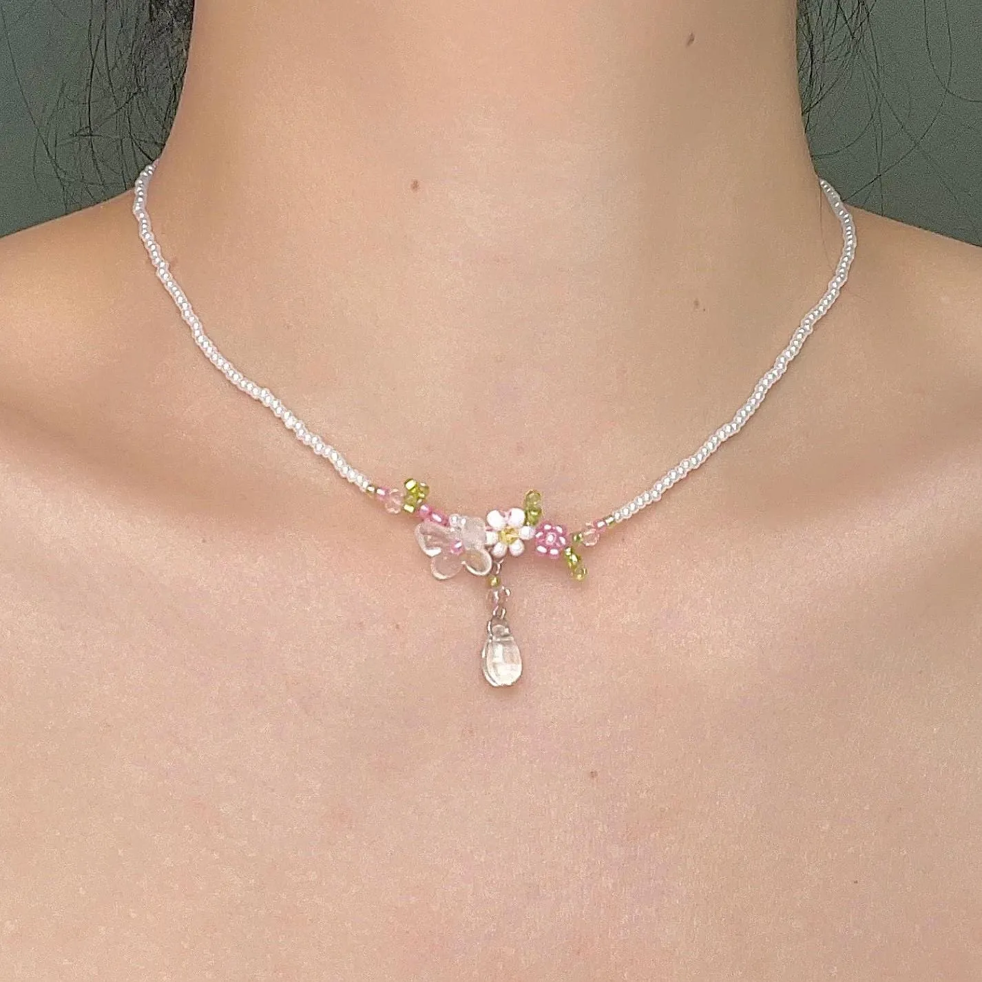 Crystal Floral Seed Beaded Chain Choker Necklace