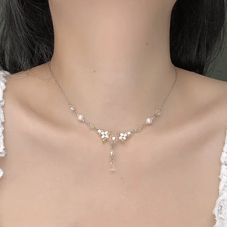 Crystal Floral Seed Beaded Chain Choker Necklace