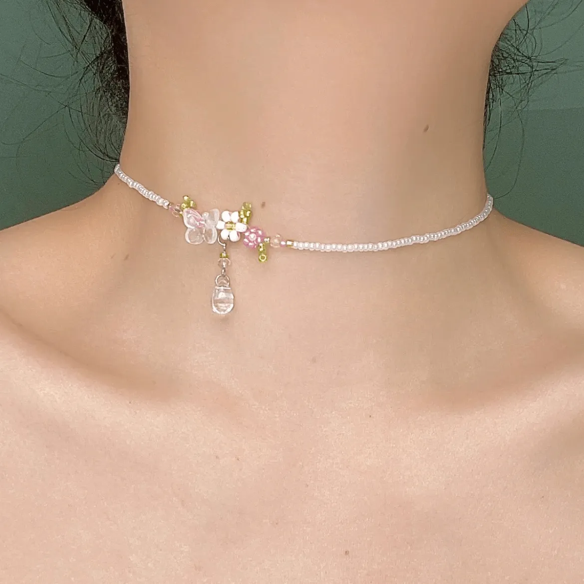 Crystal Floral Seed Beaded Chain Choker Necklace