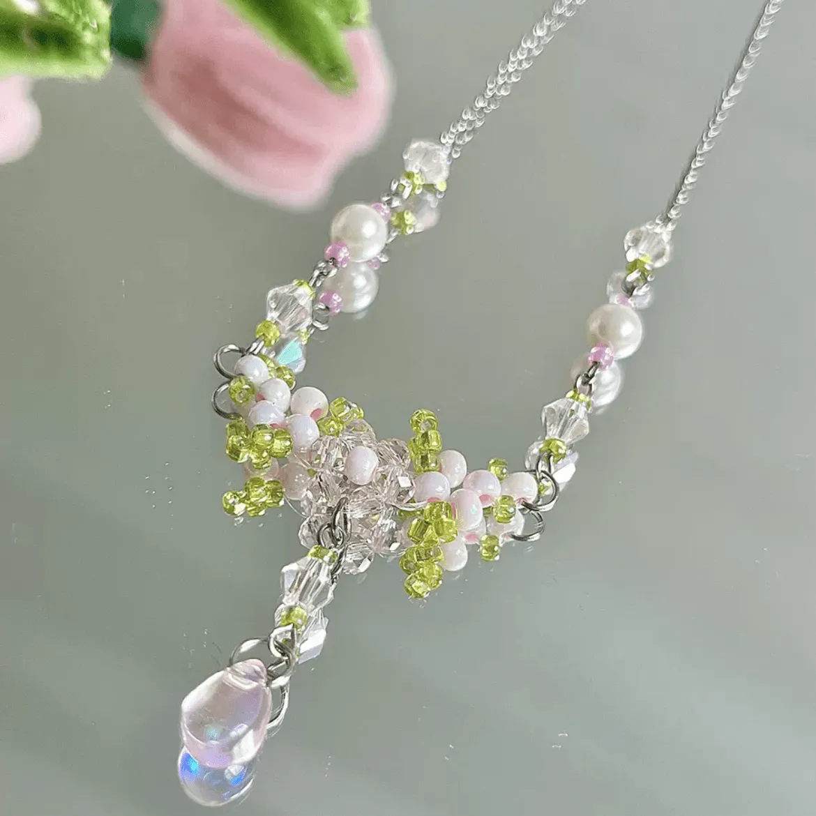 Crystal Floral Seed Beaded Chain Choker Necklace