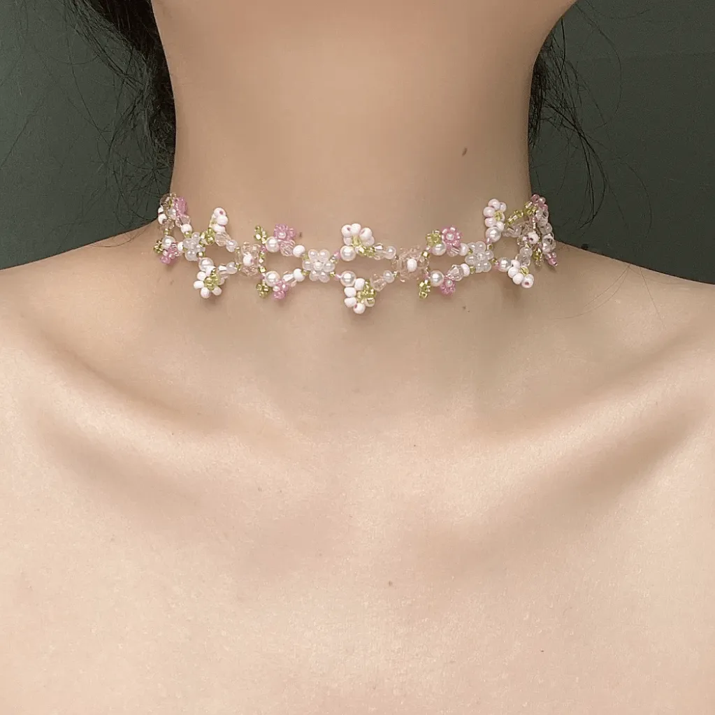 Crystal Floral Seed Beaded Chain Choker Necklace