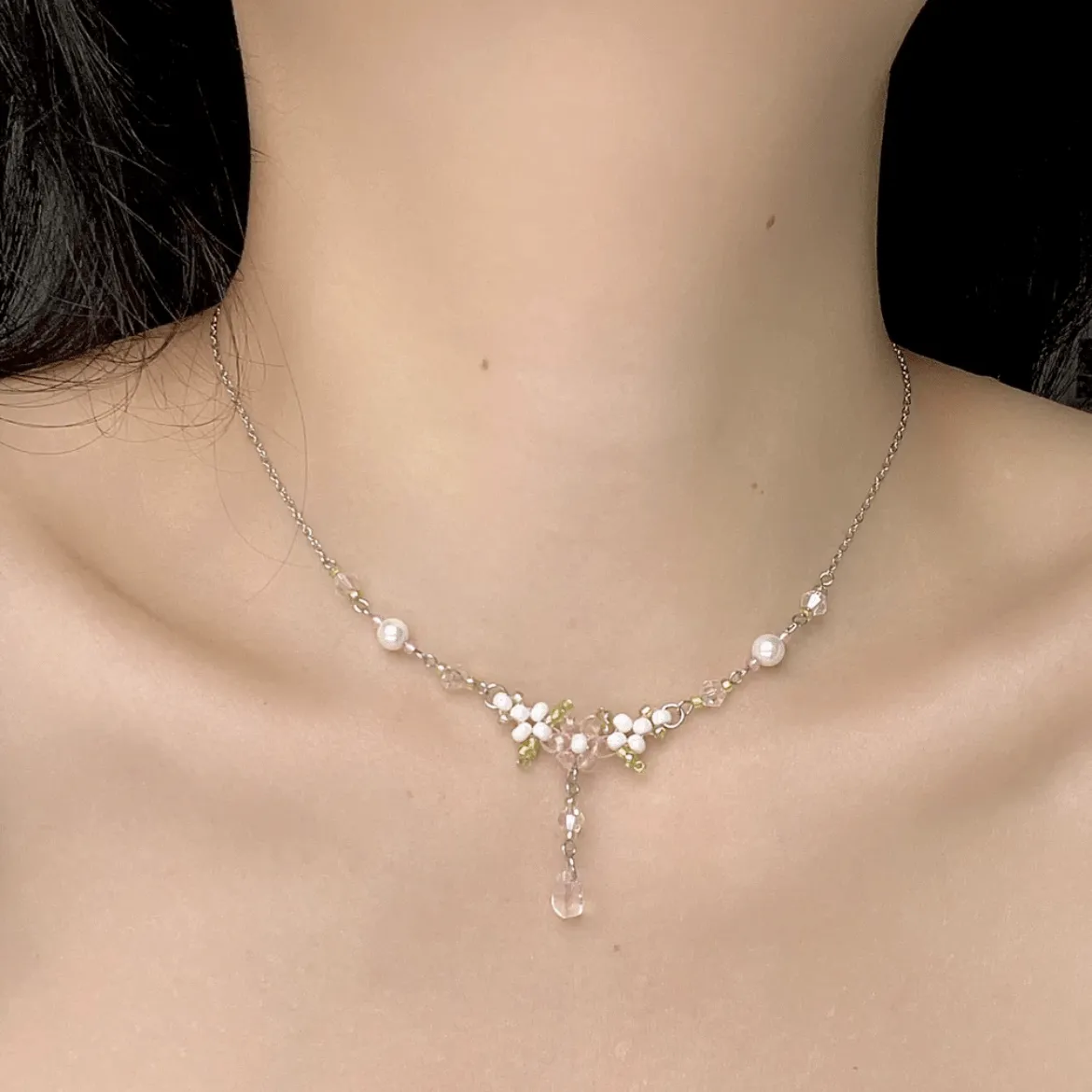 Crystal Floral Seed Beaded Chain Choker Necklace