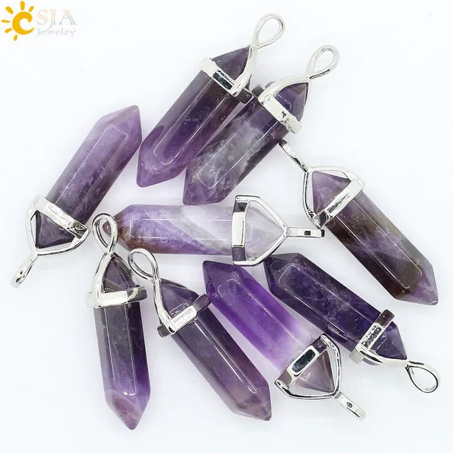 CSJA Bullet Shape Natural Stone Pendant Real Purple Crystal Men Women Chakra Gem Stones Quartz Pendants Summer Jewelry Gift E001