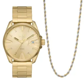 Diesel DZ2163SET MS9 Gold Tone Mens Watch with Necklace