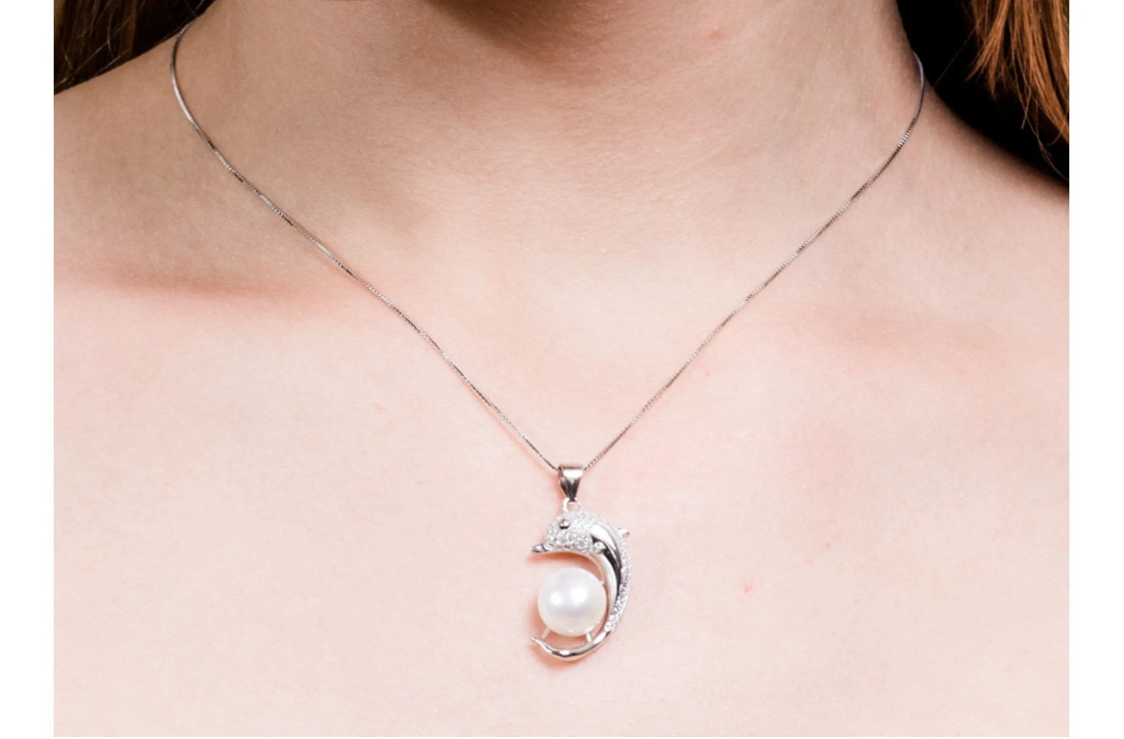 Dolphin Pendant with Freshwater Pearl and Sterling Silver (925) Chain Necklace 11mm